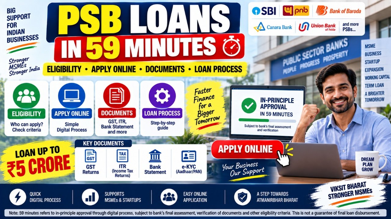 PSB Loans in 59 Minutes: ऑनलाइन आवेदन कैसे करें? पात्रता, दस्तावेज और लोन प्रक्रिया